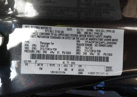 2015 Ford Focus Se z USA, uszkodzony, nr VIN 1FADP3K24FL306998